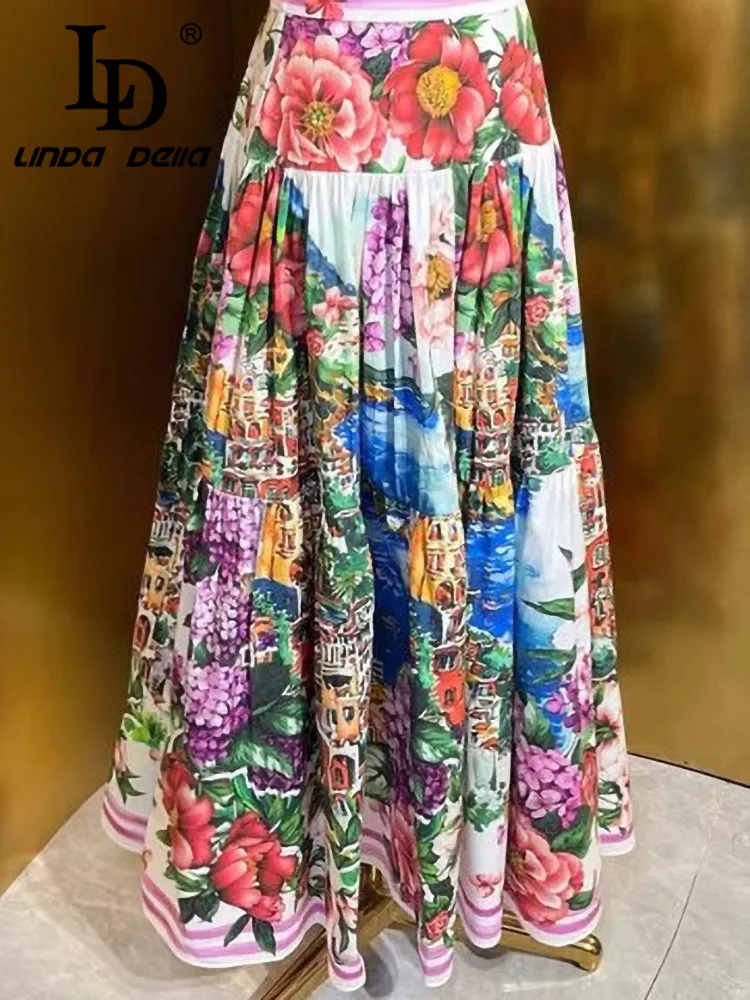 LD LINDA DELLA Summer Vacation Floral Women\'s Fashion Print Folds Design Slim Cotton Pleated Skirt