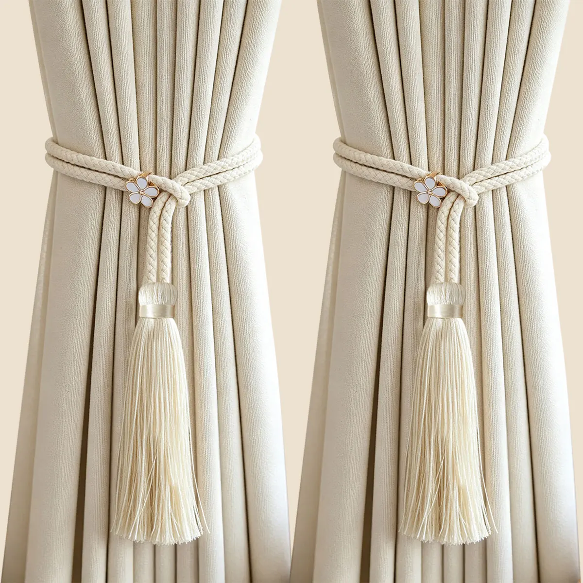 2Pcs Floral Curtain Tiebacks Curtain Holdbacks Flower & Long Tassel Pendant Window Drape Buckle for Home Room Decor