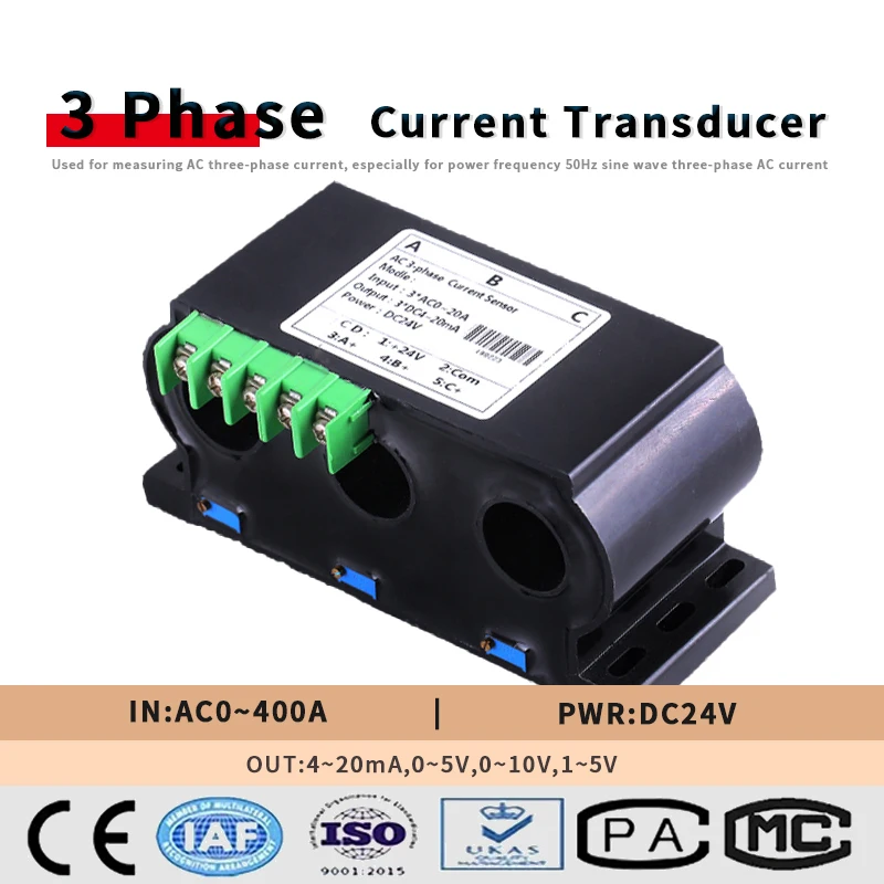 AC 0-100A 3 Phase Current Transducer 3 wire Analog Output 4-20ma 0-10v Three Phase AC Current Transducer