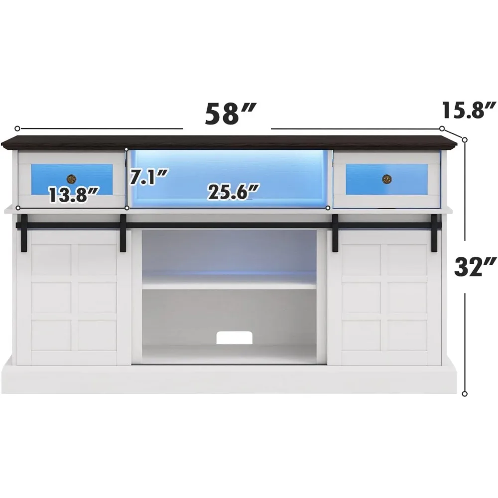 Suporte de TV de fazenda com luz LED Centro de entretenimento Suporte de gabinete de TV com gavetas articuladas para sala de estar e quarto