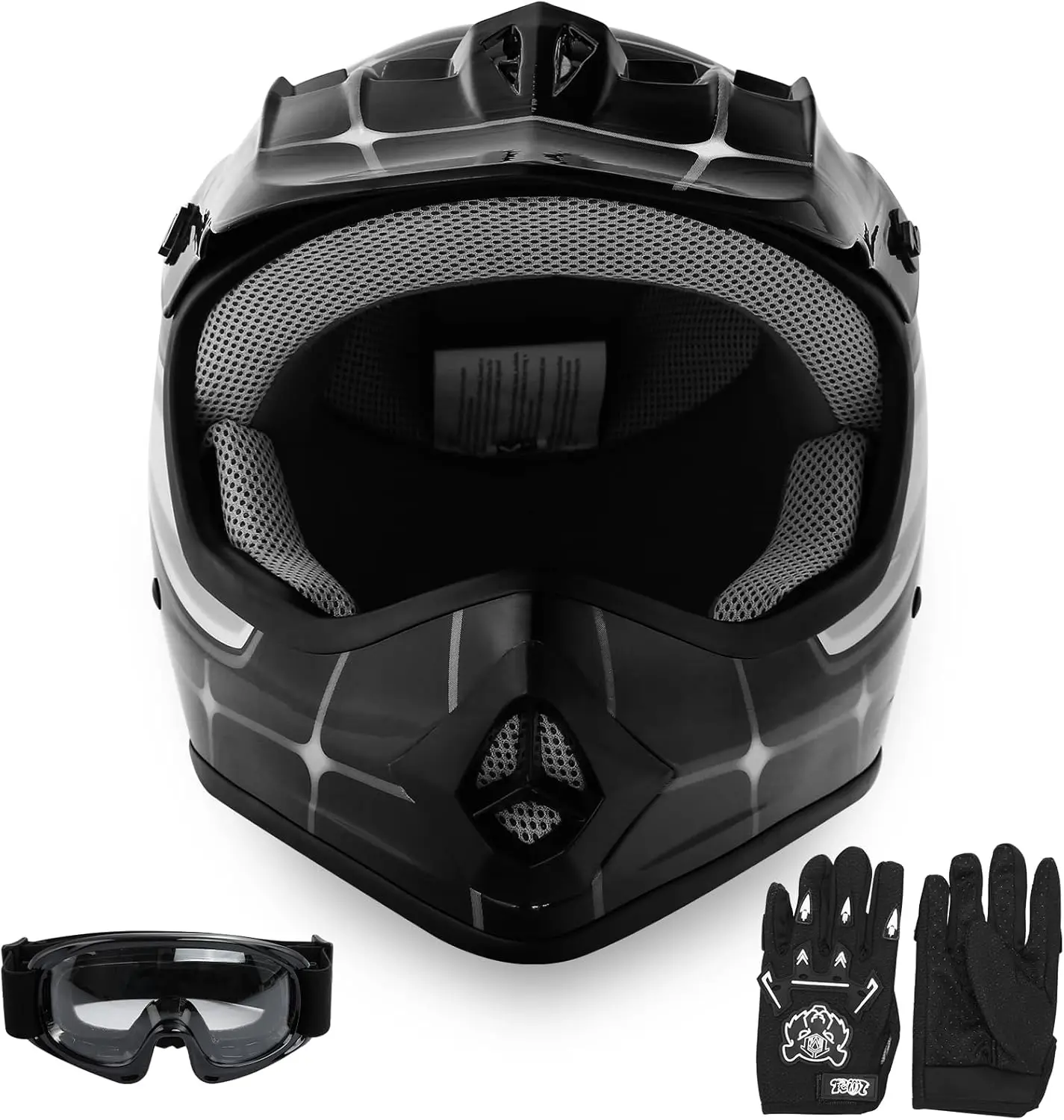 

Детский мотошлем для мотокросса с очками и перчатками, сертифицированный DOT, дизайн «Черный паук», размер X-Large