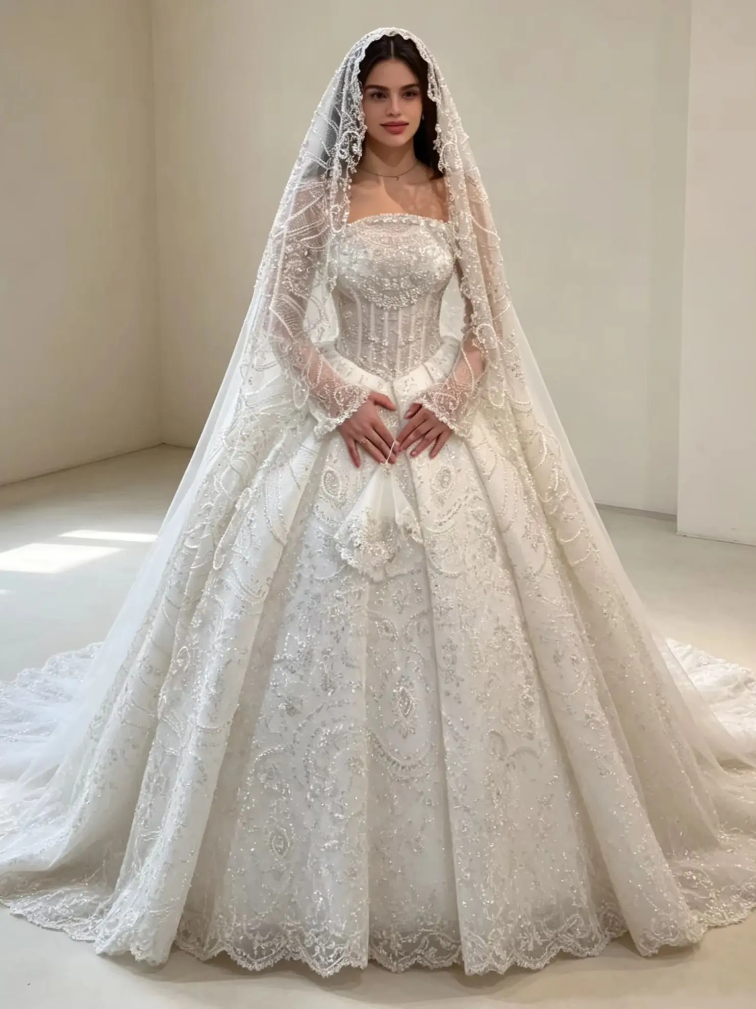 Luxuriöses Funkelndes Phantom Langarm Prinzessinnen-Hochzeitskleid Diamant-Spitze A-Linie Ballkleid Kathedrale Schleppe Brautkleid Maßanfertigung