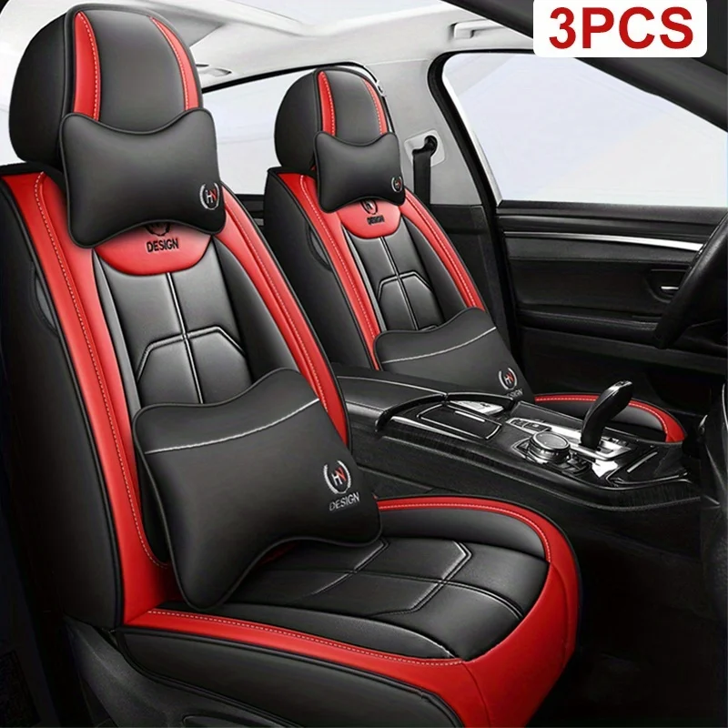 3 peças capa de assento de carro de couro sintético – design vermelho, preto, cinza e laranja, protetor de assento dianteiro para sedan ou suv, durável para todas as estações