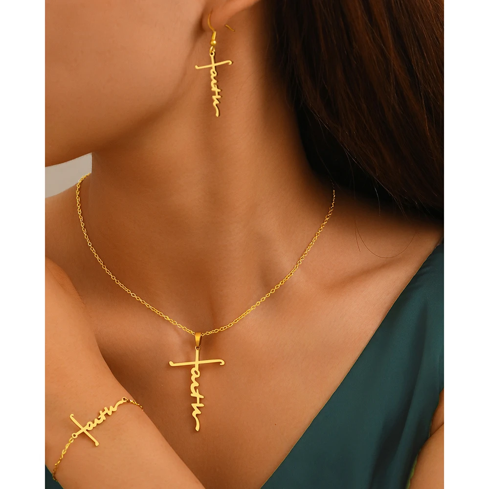 DOTIFI Stainless Steel Set Personalized Fashion Symbol Jesus Necklace Bracelet Earrings Three Piece Jewelry for Men and Women