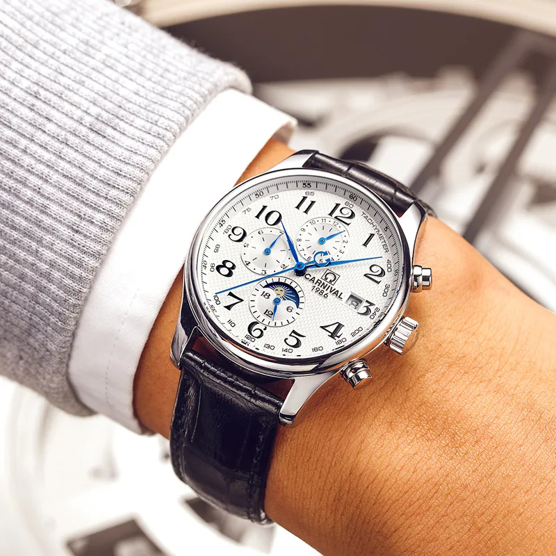 Carnival Brand Automatic Watch Fashion Luxury Waterproof Calendar Moon Phase Mechanical Wristwatches for Man Clock Reloj Hombre