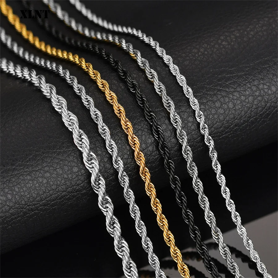 Men Ropes Long Necklace Stainless Steel Minimalist Twist Rope Chain Necklace Available in Gold Color Silver Color 2 TO 5mm