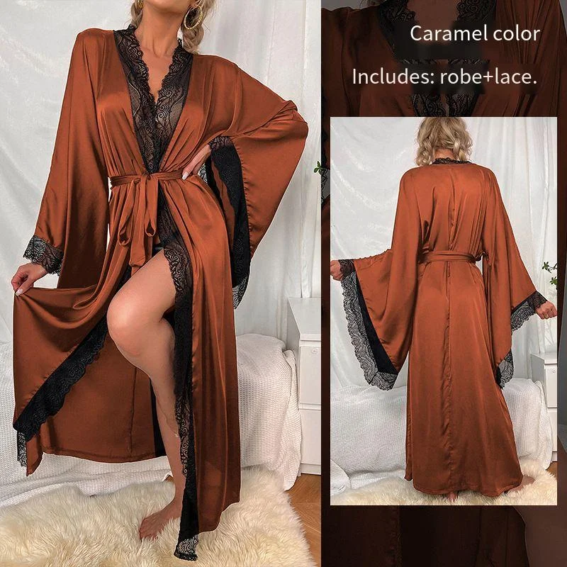 New Satin Sleepwear Women Lace Light Luxury Long Sleeved Cool Sleeping Robe Bathrobe Home Wear Women
