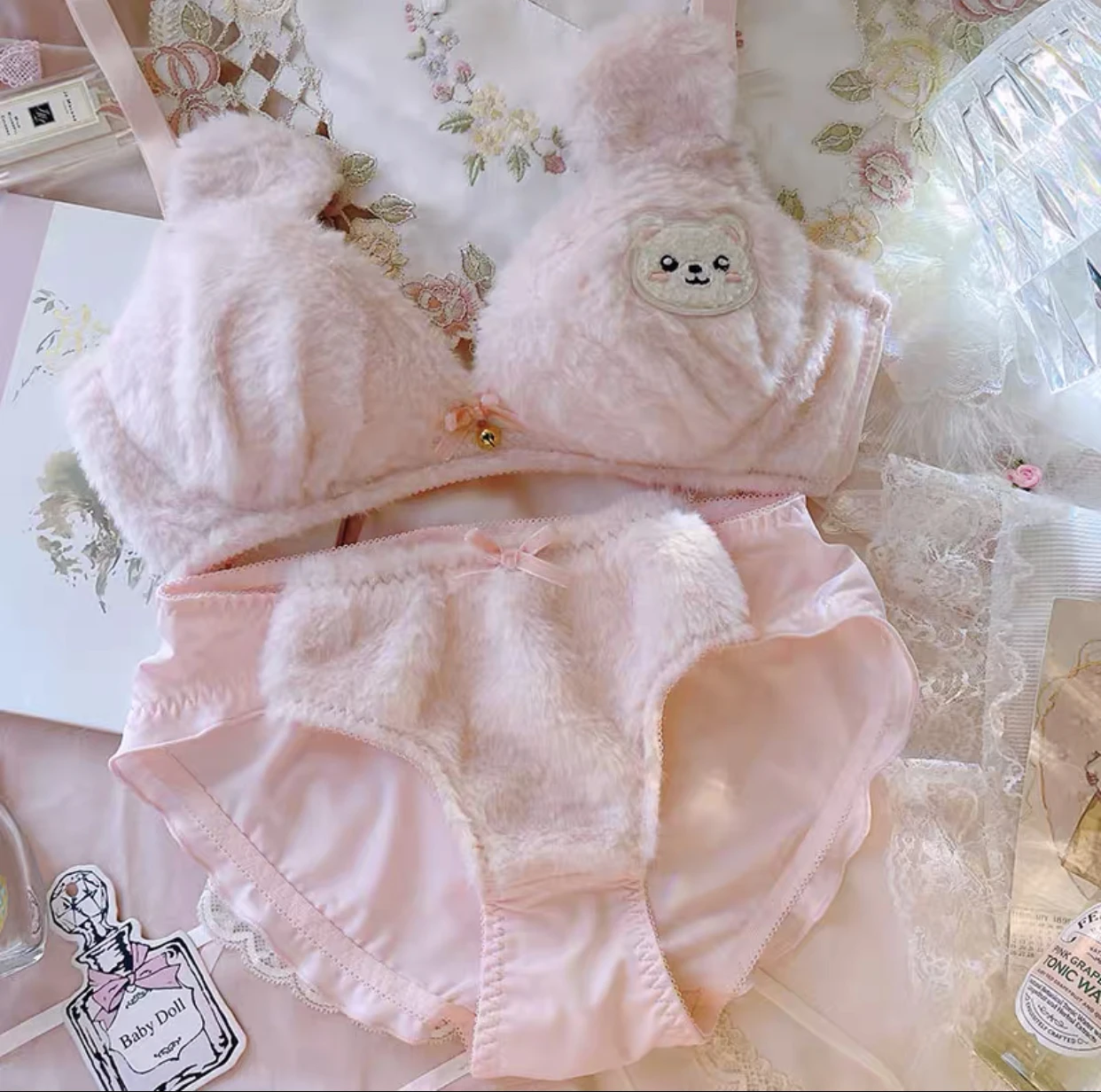 Cute Kawaii lolita panties brassiere plush warm bra set flurry pure desire no steel ring push up bra underwear lingerie panty