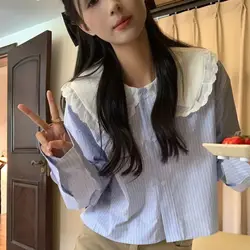 Female Spring Summer Preppy Style All-match Button Striped Solid Color Peter Pan Collar Women Shirts Trend Ruffles Long Sleeve