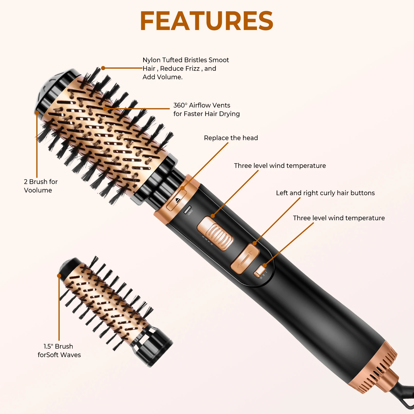 Hair Dryer Brush 2 In 1 Hot Air Spin Brush Curling Straightening Styling Auto-Rotating Ionic Round Blow Dryer Volumizer