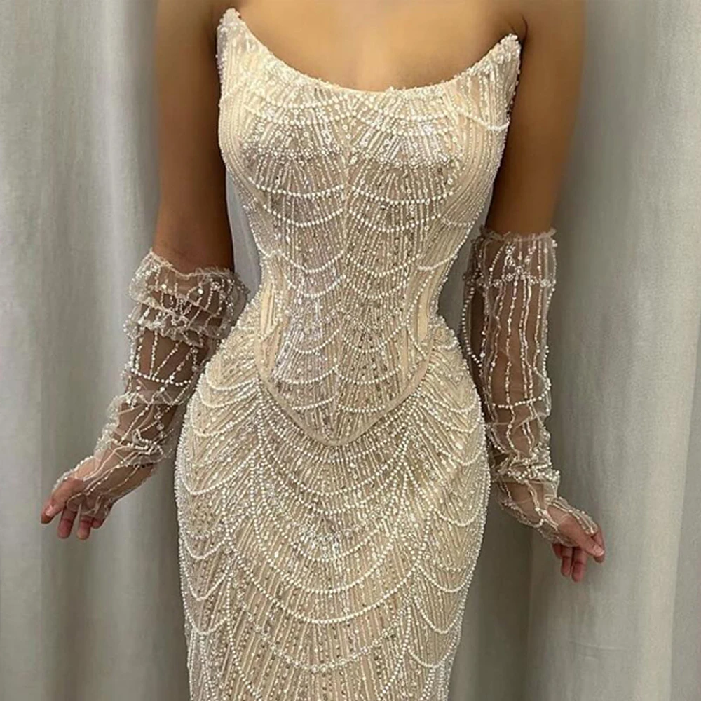 Elegant Champagne Beaded Pearls Mermaid Evening Dresses Sequined Strapless With Sleeves Formal Prom Party Gowns Vestido De Gala