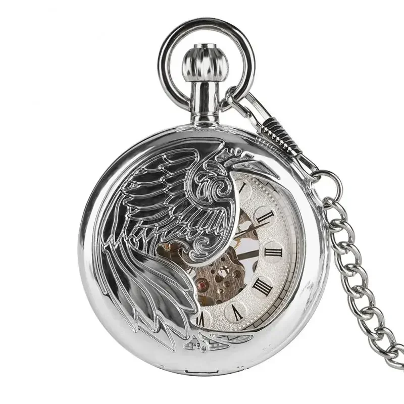 Silver Hollow Phoenix Mechanical Hand Wind Pocket Watch Half Hunter Hollow Skeleton Watch Pendant Fob Chain Clock Hours Gifts