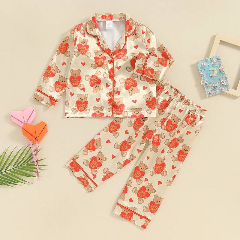 

Baby Girl Two Piece Valentine s Day Pajamas Set Lapel Button Down Long Ruffled Hem Shirt Top Pants Sleepwear