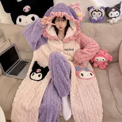 2Pcs Hello Kitty Women's Plush Pajamas Suit Sanrioed My Melody Kuromi Winter Homewear Cartoon Hooded Robe Thicken Warmth Soft