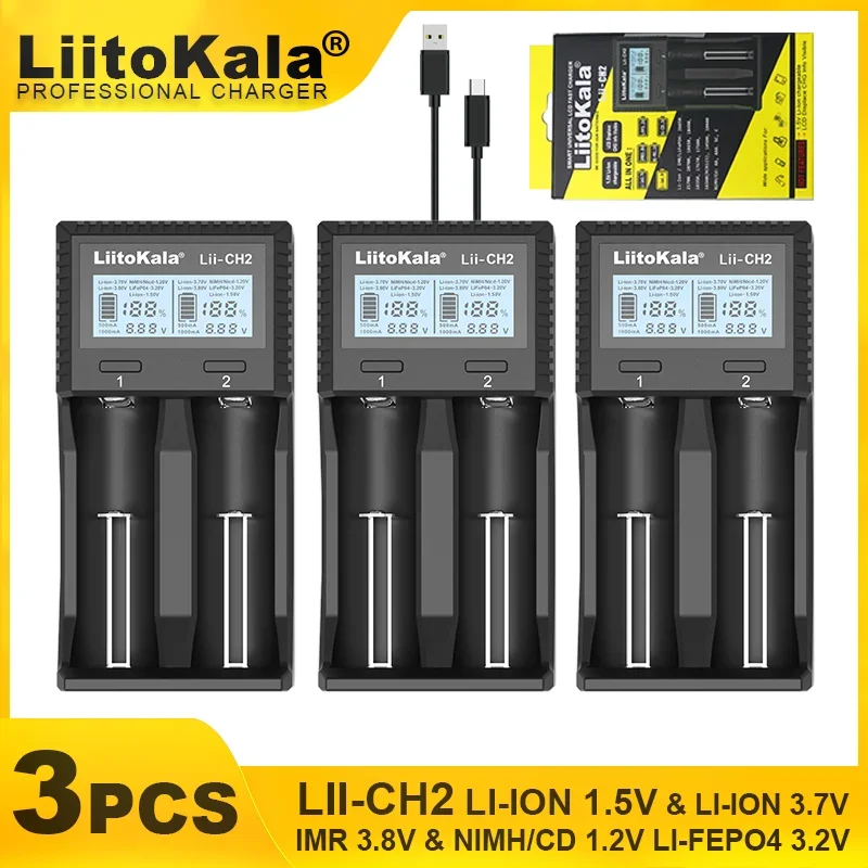 3PCS LiitoKala Lii-CH2 1.5V AA Li-ion Lithium Rechargeable Battery Smart Charger For 3.2V 3.7V 18650 21700 26650 26700 18350+U1