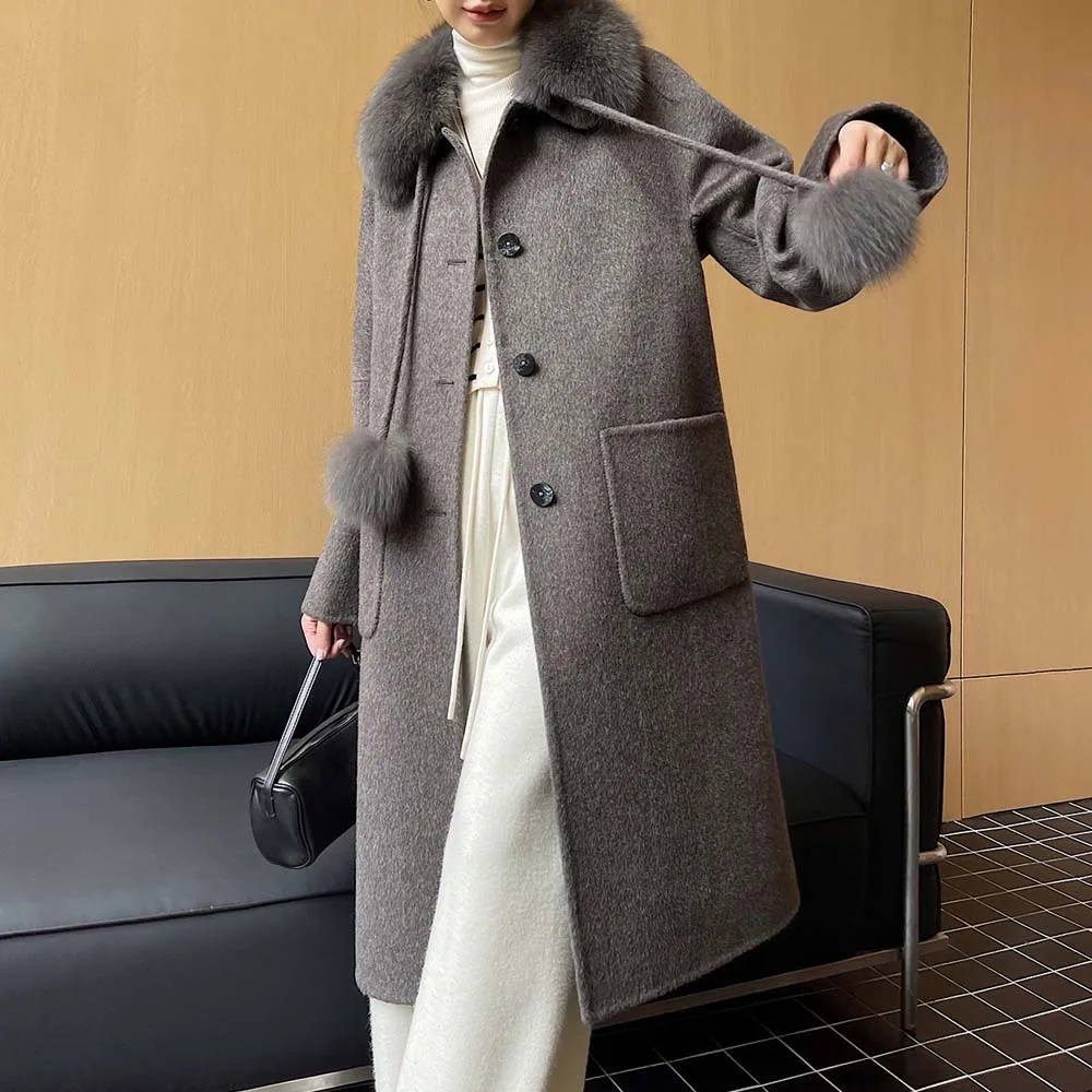 

Осень/зима, двустороннее кашемировое пальто премиум-класса со съемным воротником из лисьего меха, длинное шерстяное пальто женское с двумя меховыми шариками