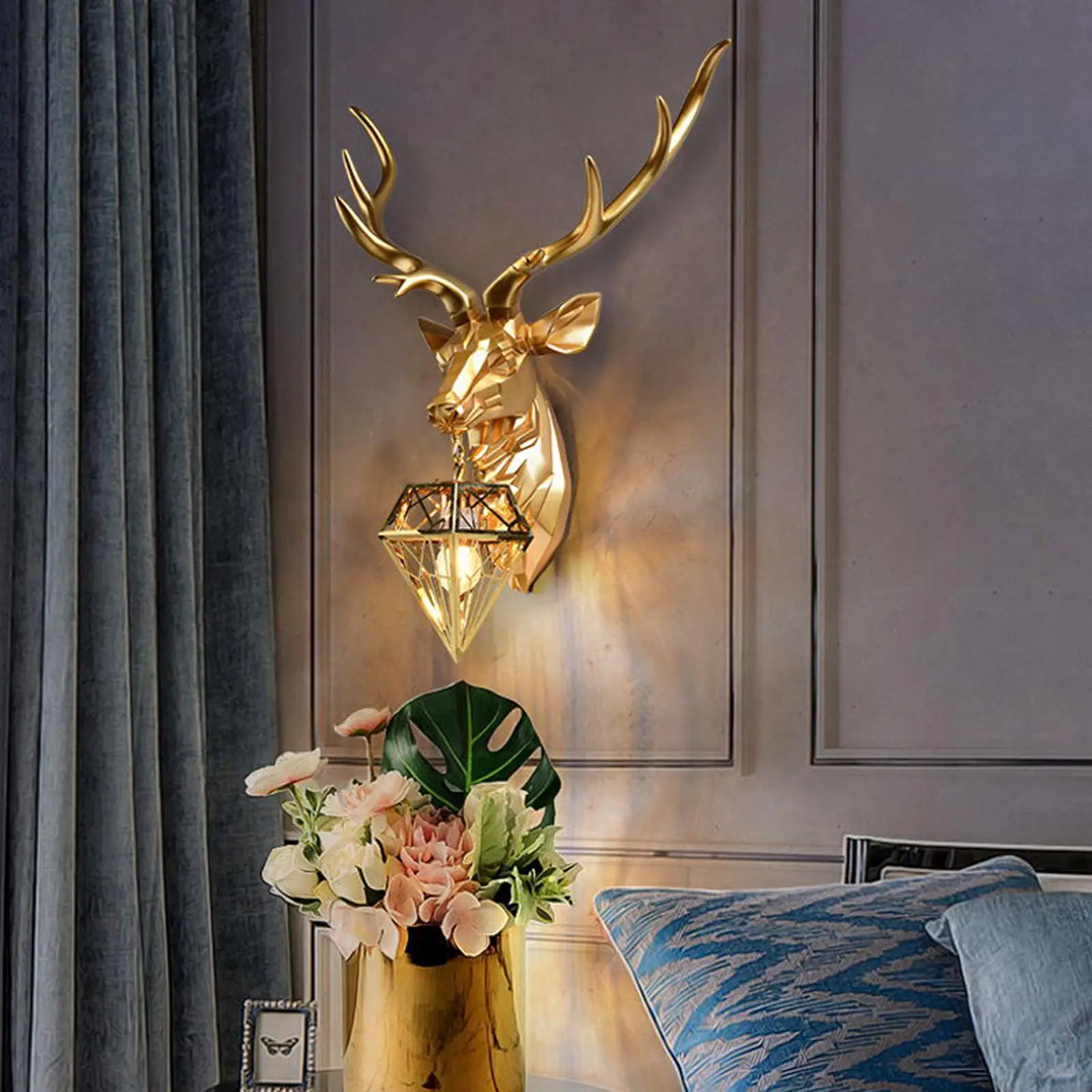 Wall Lamp Stainless Steel Shade Wall Sculpture Fixture Golden Antler