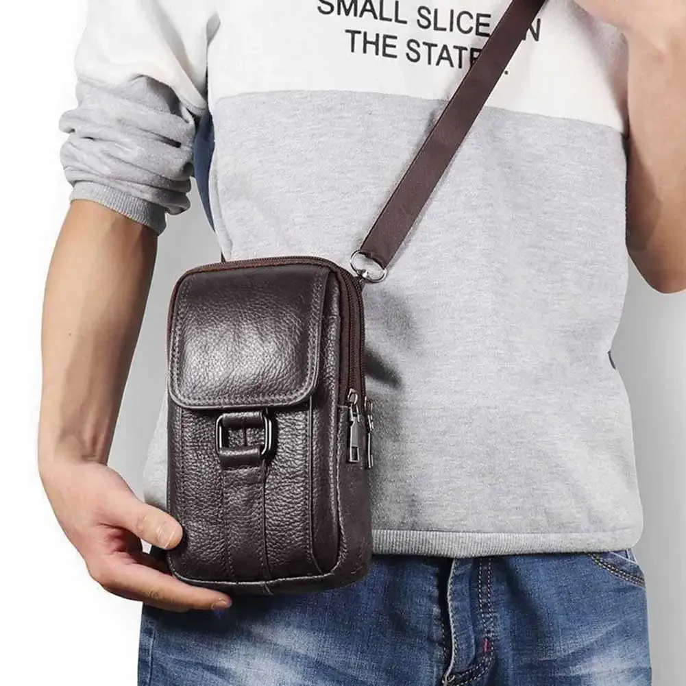 Portable Men Messenger Bags Cowhide Leather Belt Pouch Purse Fashion Simple Multi-pockets Casual for Outdoor Sport