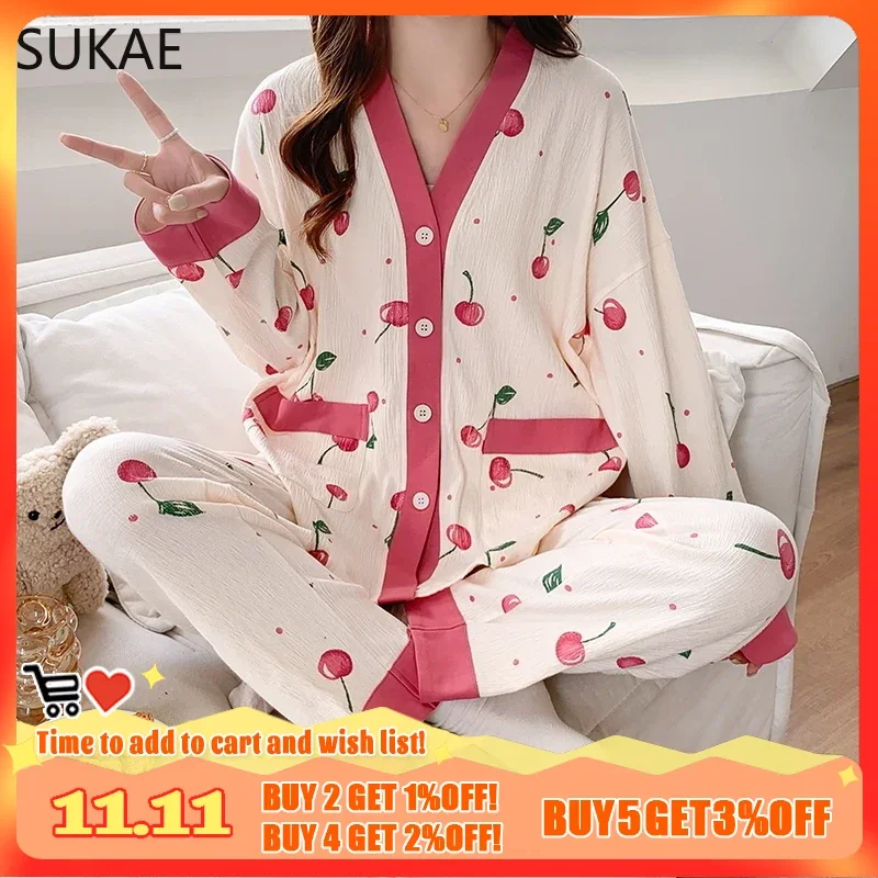 SUKAE Texture Sensation Crepe Cotton Women Pijamas Spring Autumn Kimono V-neck Girls Pajamas Lapel Long Sleeves Lady Homesuits