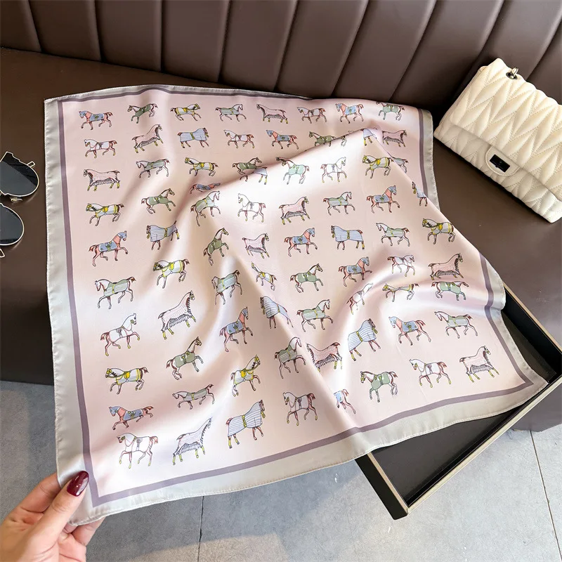 Luxury Horse Print Female Satin Neck Scarf Square Hair Scarves Foulard Head Band Shawls Wraps Neckerchief Bandana Women view 4