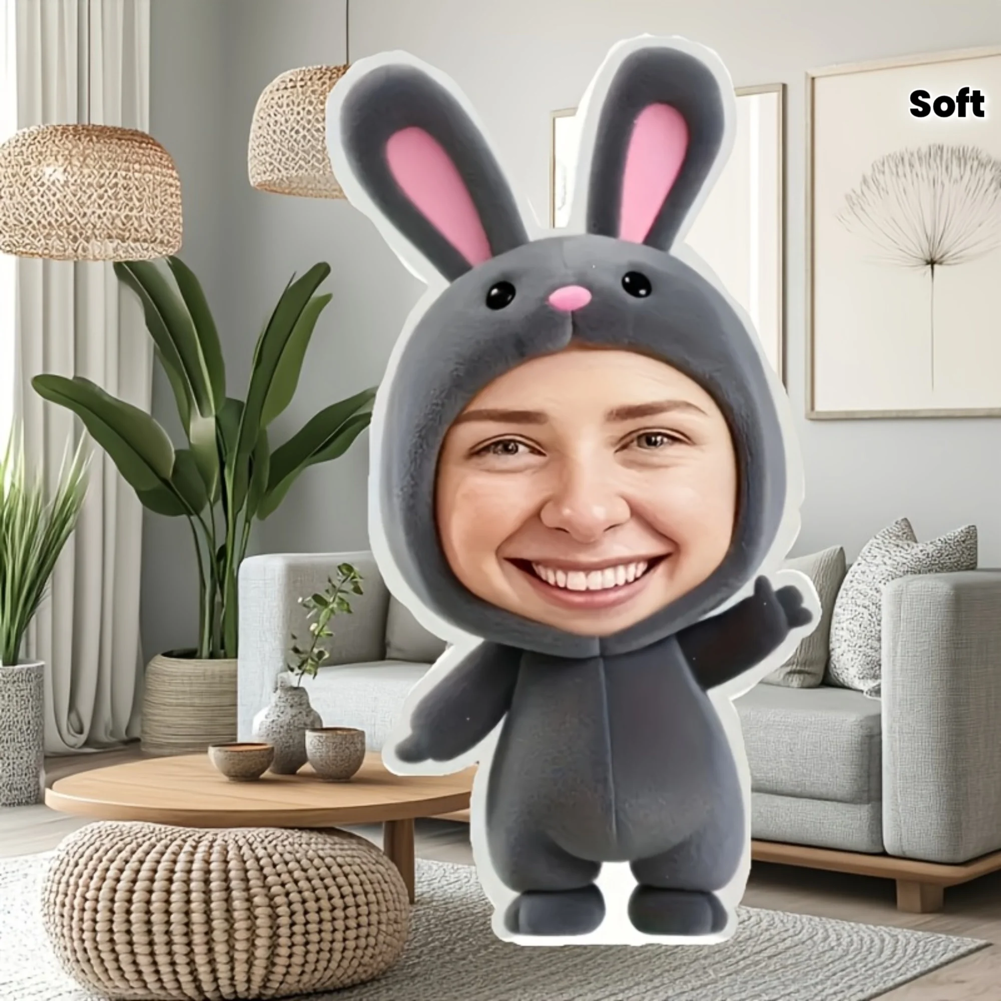 Personalized Grey Bunny Human‑Shaped Throw Pillow, Double‑Sided Custom Photo Face Plush Toy Novelty Present
