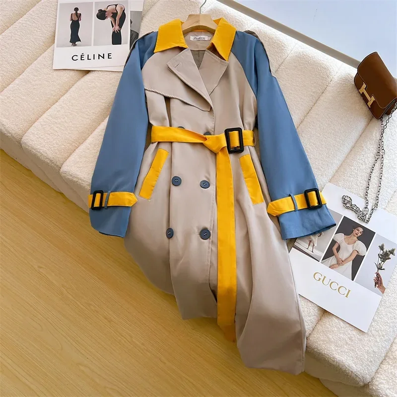 Spring Women Patchwork Contrast Color Windbreaker With Belt Double-breasted Long Sleeve Pink Yellow Loose Mid-Length Trench Coat