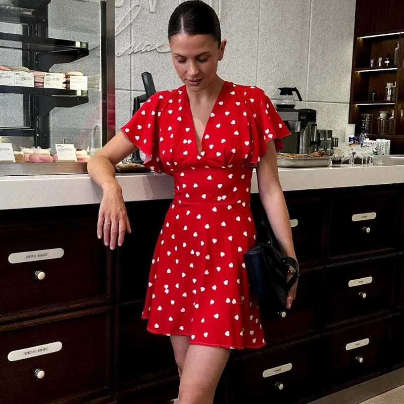 

Talenza Red Print Mini Dress Women Fashion V-Neck Bodycon Contrast Elegant Dress Summer Office Lady Women's Casual Dress Outfits