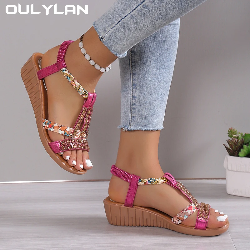 Female Peep Toe Outdoor Beach Shoes 2024 Women Wedge Sandals Summer Bohemia Rhinestones Casual Platform Sandals