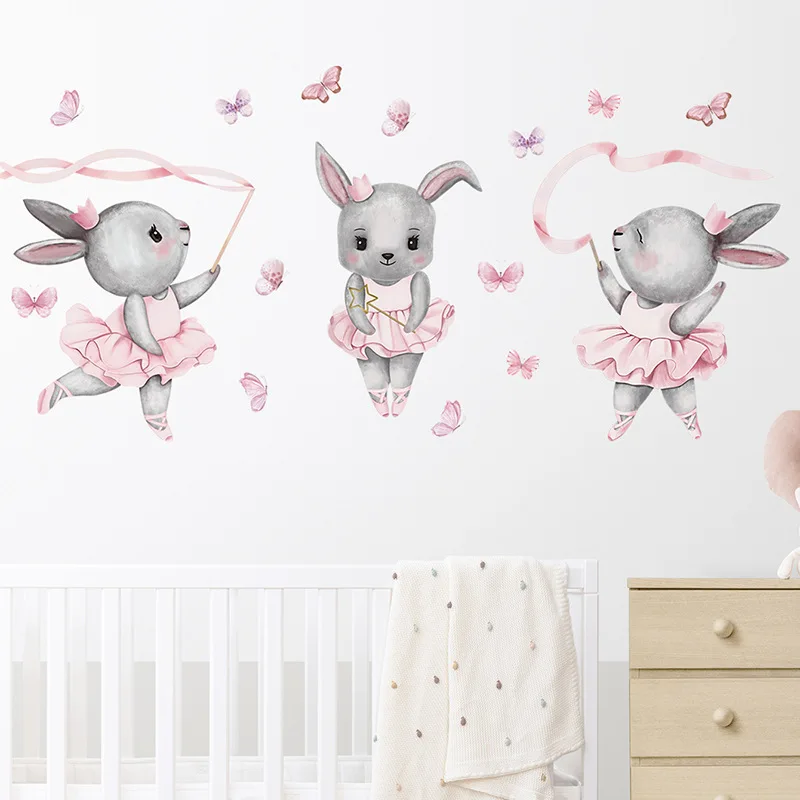 Autocollants muraux de chambre de bébé fille, Stickers muraux de dessin animé lapin rose, décoration de chambre d\'enfants, pour la crèche