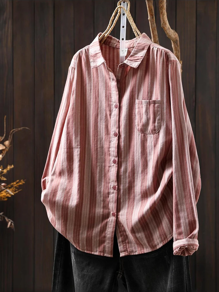 

Women Long Sleeve Cotton Shirt New Arrival 2025 Autumn Simple Style Vintage Striped Loose Female Casual Tops Shirts M2033