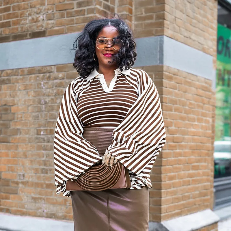 STYLISH LADY Striped Print Polo Collar T Shirt Women Extra Flare Long Sleeve Slim Fitted Top Fall Casual Streetwear Blouse