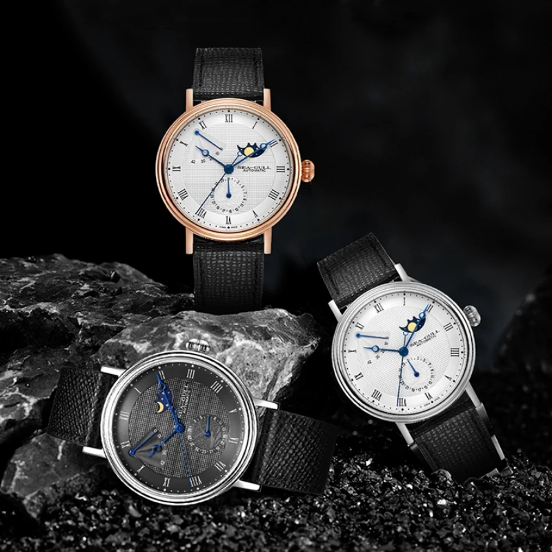 Seagull Men's Business Wristwatch Moon Phase Leather Luxury Automatic ST21 5Bar Men's Watches power reserve indicator reloj 6092