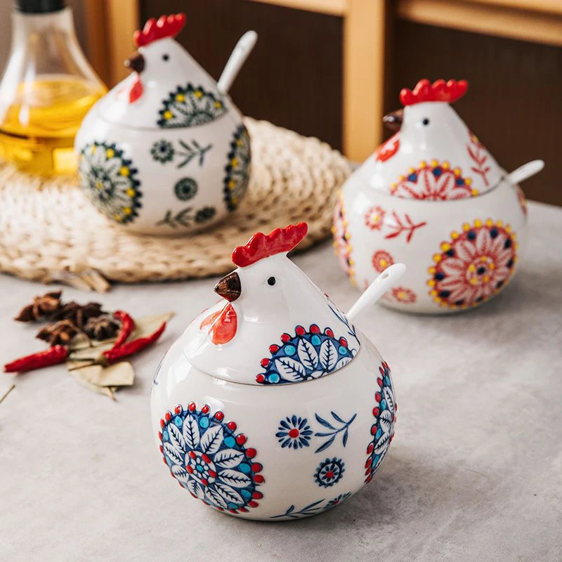 Kitchen Tool Ceramics Animal Rooster Creativity Salt Pepper Seasoning Spice Jar Powder Sugar Condiments Storage Container Spoon