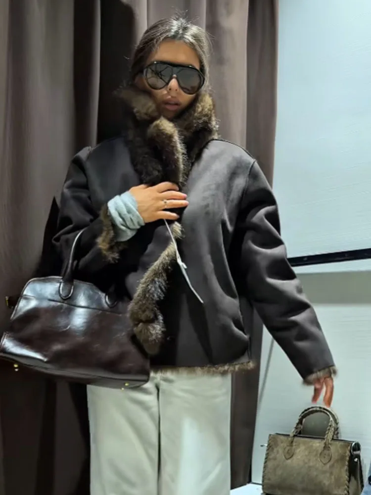 HH Dames Revers Knoppen Zak Lange Mouwen Warm Uitloper Omkeerbaar Nepbont Effect Jas Damesmode Casual Straatjas