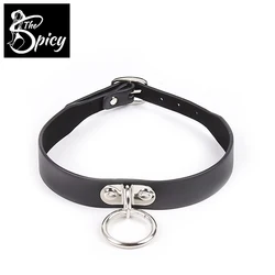 Spicy Girl's Adjustable Black Faux Leather Choker Necklaces with O-Ring