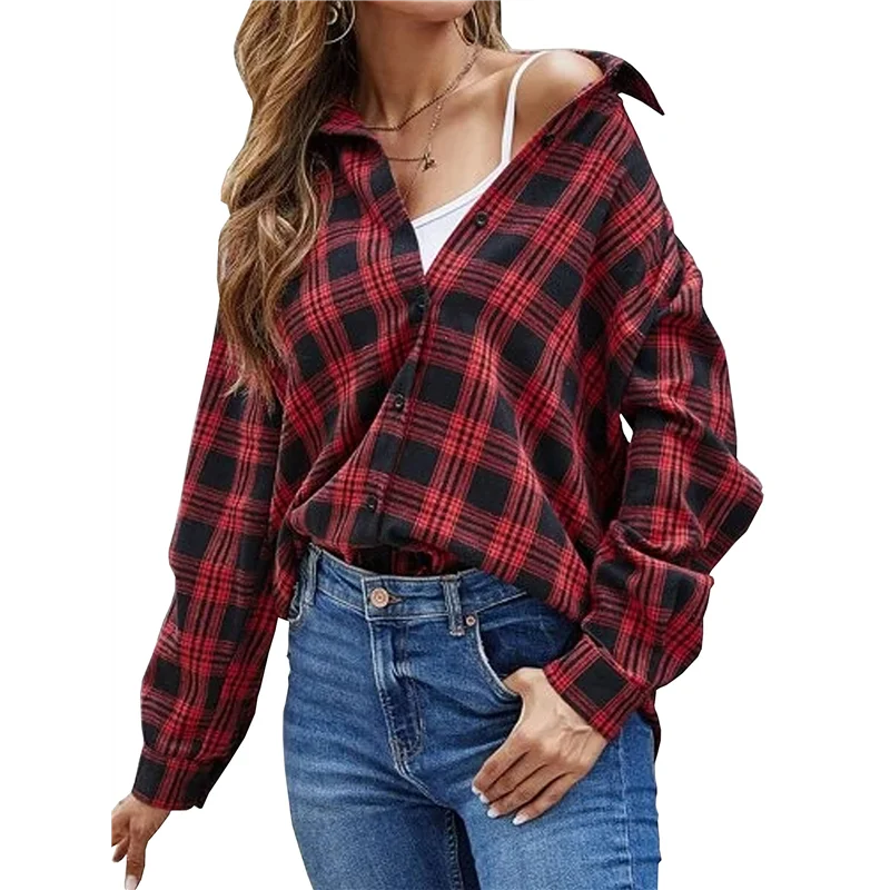 

ABP-Womens Button Down Flannel Shirts Long Sleeve Plaid Shackets Business Casual Blouse Top