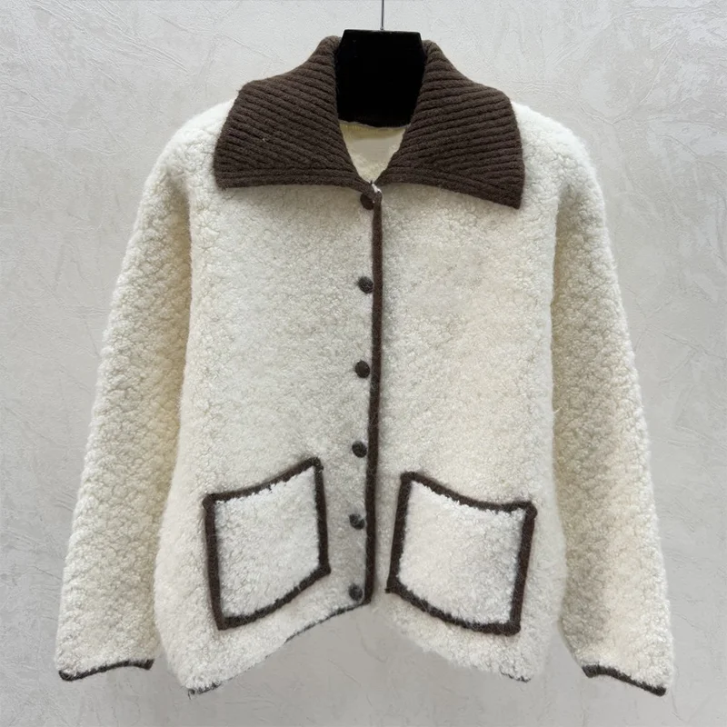 

High quality Women's cardigan with contrasting color edges, sweater with a lapel, outerwear gentle and popular 251221118