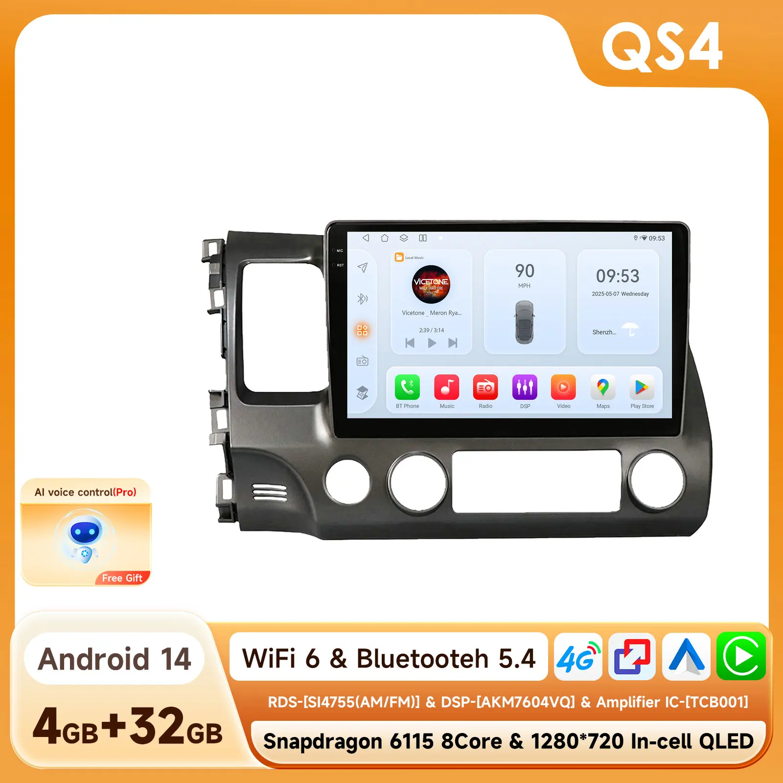 4G Autoradio Android 14 Autostereo Radio voor Honda Civic 8 2006 - 2011 Multimedia Videospeler Navigatie GPS 2Din WiFi Audio BT