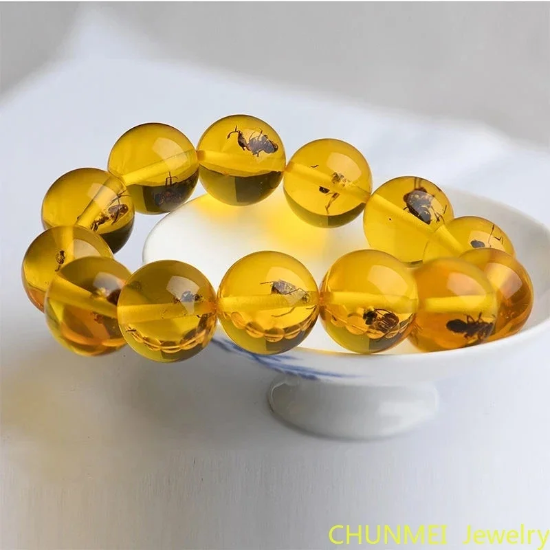 Natural Baltic Amber Elastic Bracelet Men Women Honey Wax Insect Amber-beads Beaded Bangles Amulet Bracelets Girlfriend Mom Gift