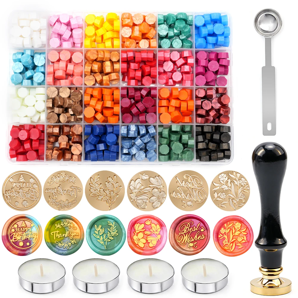 

Набор для восковой печати: 6 шт. сувенирных и цветочных штампов, 24 цвета восковых гранул, ложка для плавления и 4 свечи, для приглашений, конвертов и поделок