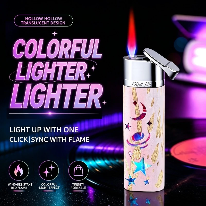 Creative Hollow Out Dazzling Seven Color Lighter, Inflatable Windproof Straight Forward Red Flame Personalized Smoking Gift
