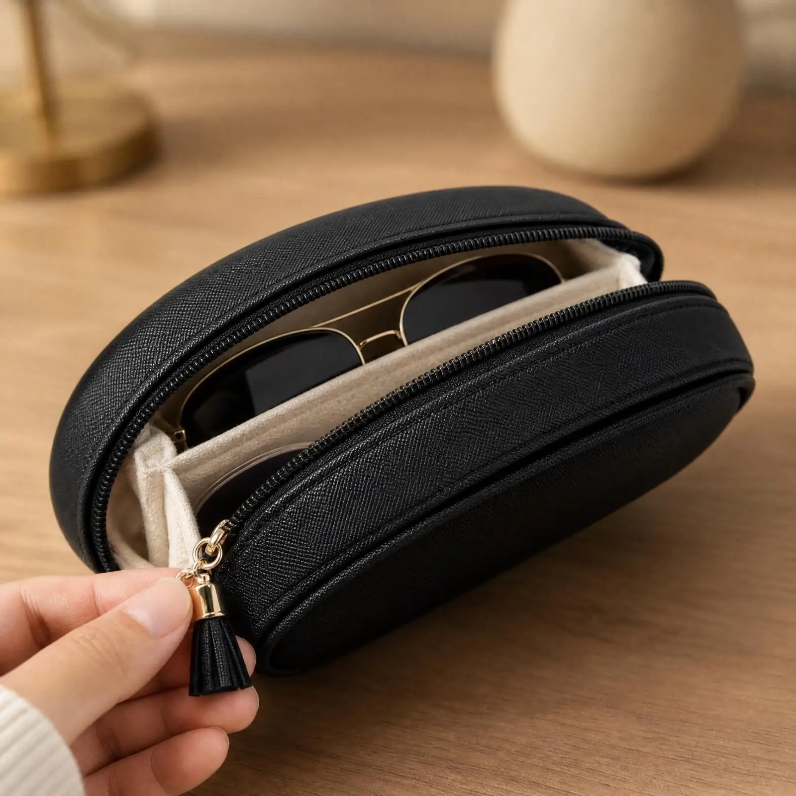 PU Leather Sunglasses Storage Case with Divider Double Zipper Compartments Portable Eyeglass Organizer Travel Hard Case for