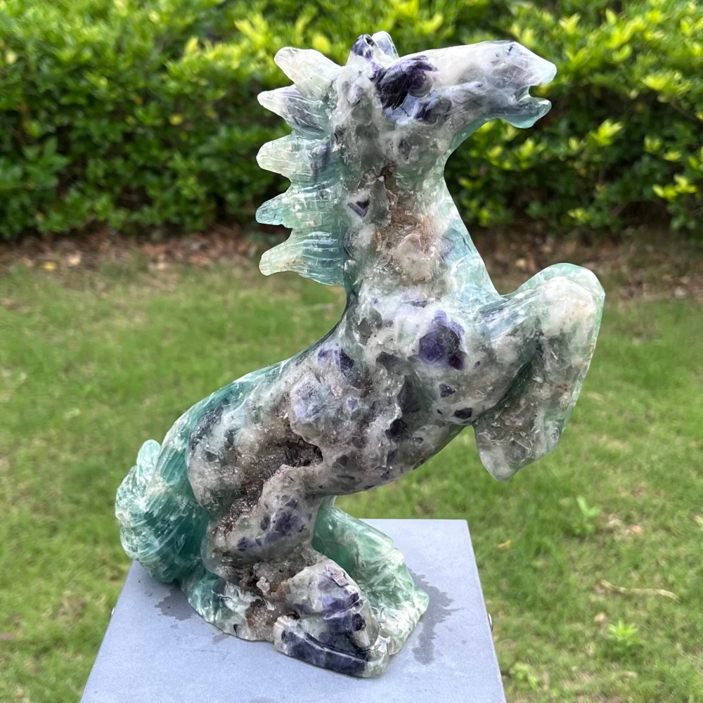 2.24Natural Green Colored Fluorite Horse Geode Carving Statue Crystal Animal Figurine Reiki Home Decor Gift Stone Craft