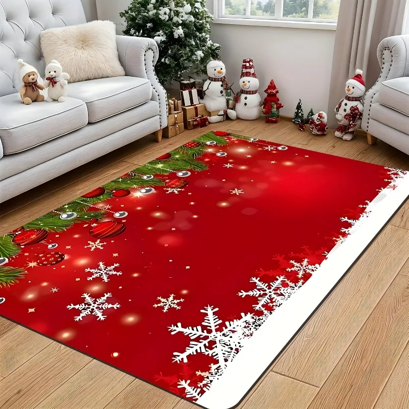 Classic Red Snowflake Christmas Area Rug Xmas Pine Ball Ornament Art Print Large Floor Mat for Winter Festive Decor Area Rug