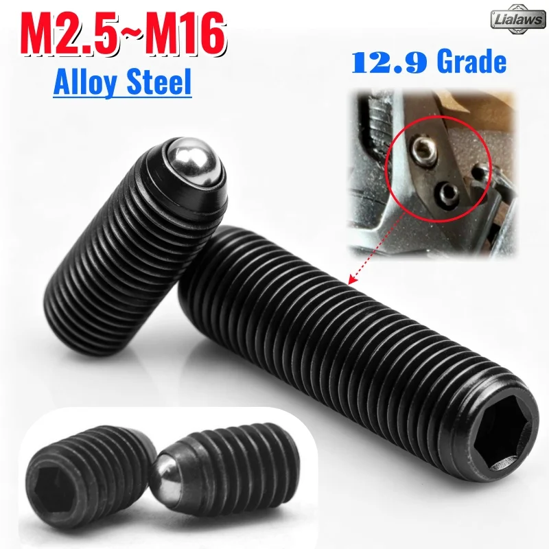 1/2/3/5/10pcs Grade 12.9 Black Hex Socket Allen Spring Ball Plunger Set Screw Hex Grub Point Bolt M2.5 M3 M4 M5 M6 M8 M10 M12M16