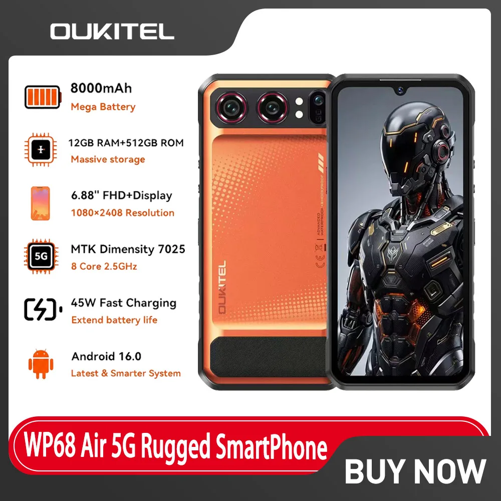 OUKITEL WP68 Air 5G Rugged Smartphone 12GB RAM 512GB ROM 8000mAh Battery 6.88" 120Hz Display 32MP Dimensity 7025 Android 16.0