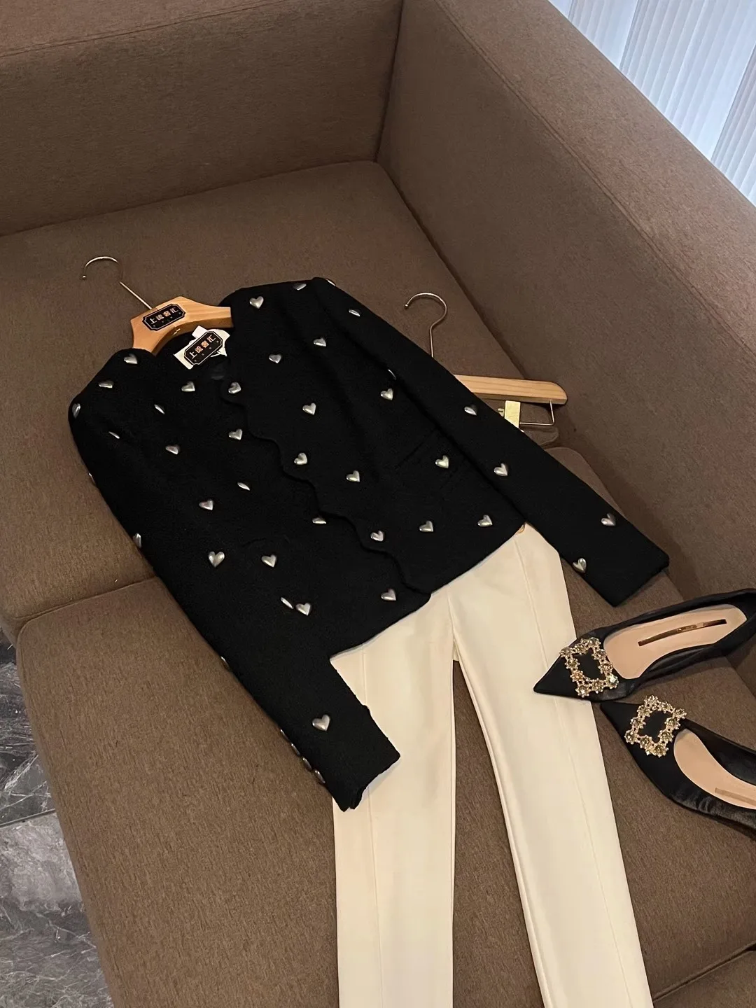 

Осенне-зимнее женское пальто с сердечками, твидовая ткань, шерстяная смесь, французский топ, качественная модная рабочая одежда Jaet