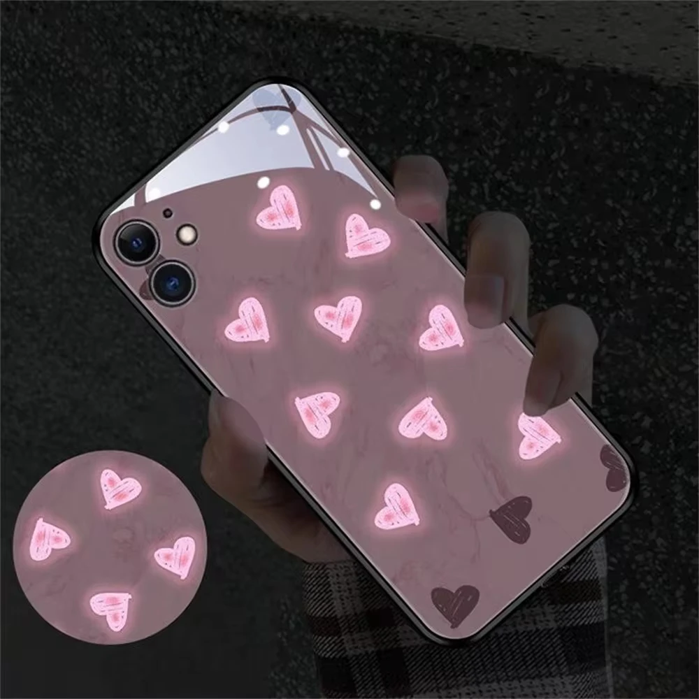 

So Cute Love Heart Luminous Glass LED Call Light Up Flash Phone Case For Samsung S24 S23 S22 S21 S20 FE Note 10 20 Plus Ultra