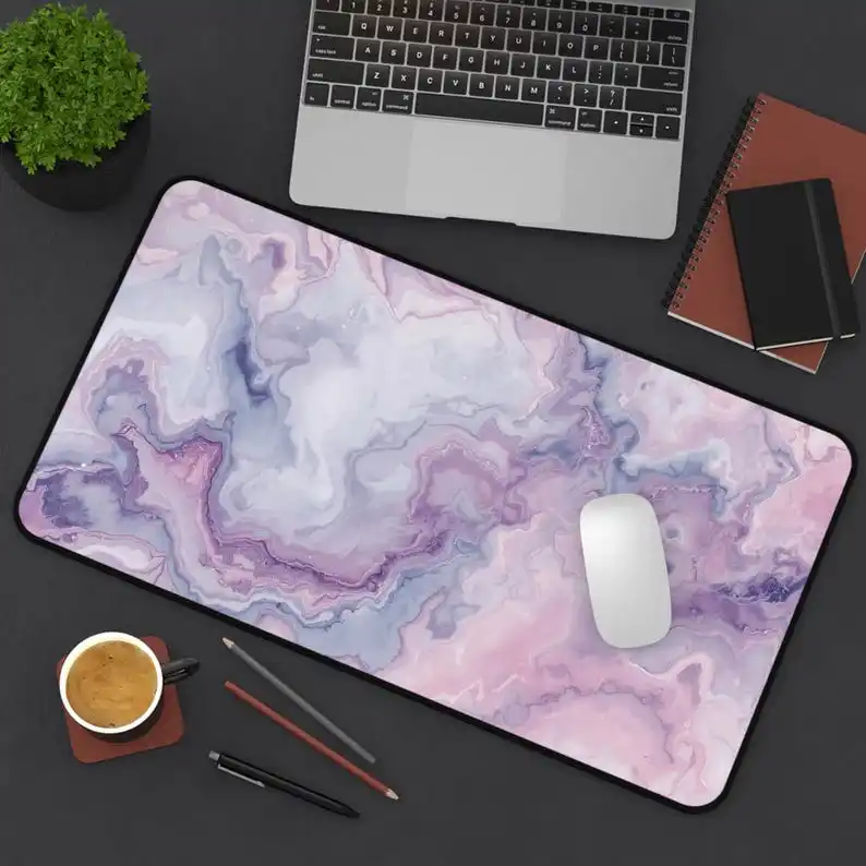 

Purple-pink Marble Texture Desk Mat with Watercolor Agate Swirl Pattern, Suitable for Computer Gaming Desks, Kawaii Desk Pad