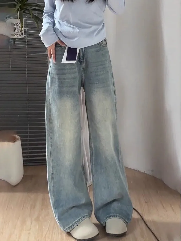 

Светло-голубые джинсы с высокой талией и широкими штанинами, женские свободные прямые брюки в пол для фигуры «груша», весна-лето...